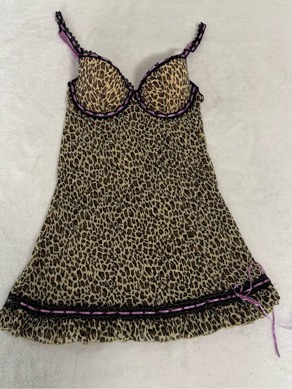 Rampage Y2K Leopard Print Babydoll Lingerie M Padded Bra Purple Ribbon Lace